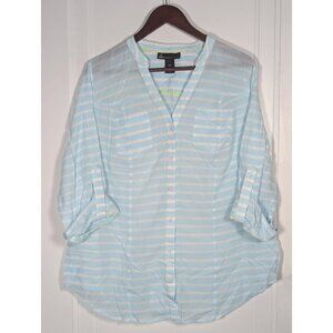 Lane Bryant 18/20 Shirt Women Blue White Gauzy Semi Sheer Cotton Button Up Top